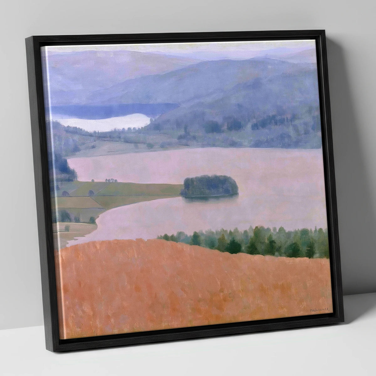 Grasmere Lake in Dusky Pink lake district lake canvas wall art in black frame