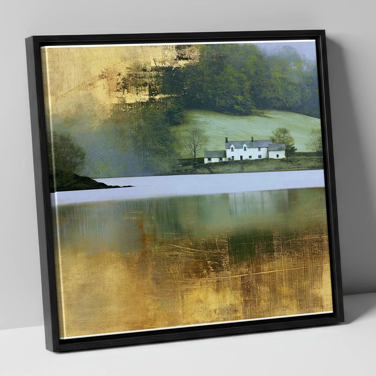Golden Reflections on Coniston Water lake district lake canvas wall art in black frame