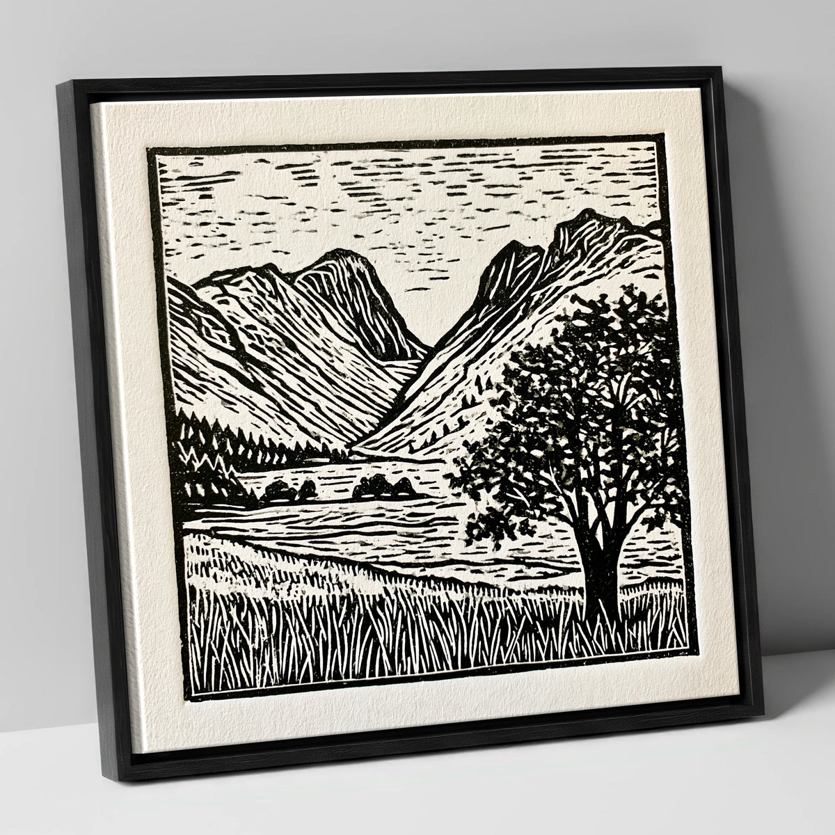 Langdale Pikes in Bold Monochrome lake district fell canvas wall art in black frame