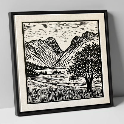 Langdale Pikes in Bold Monochrome lake district fell canvas wall art in black frame