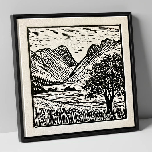 Langdale Pikes in Bold Monochrome lake district fell canvas wall art in black frame
