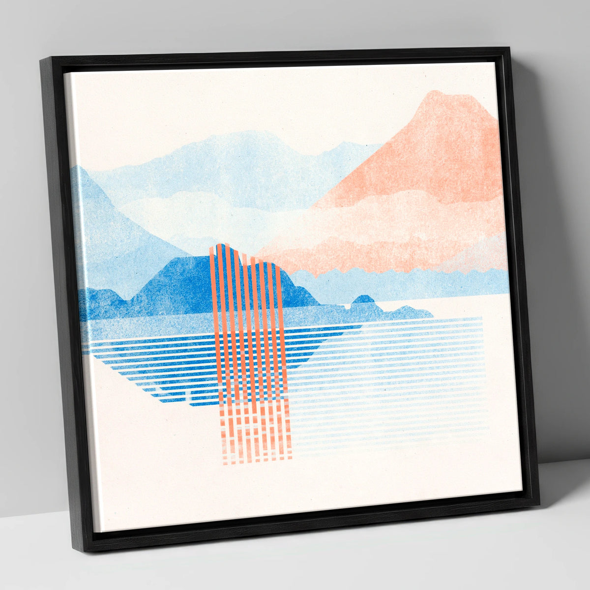 Geometric Derwentwater in Coral and Blue lake district lake canvas wall art in black frame