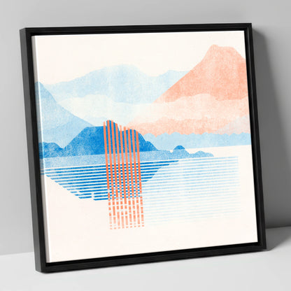 Geometric Derwentwater in Coral and Blue lake district lake canvas wall art in black frame