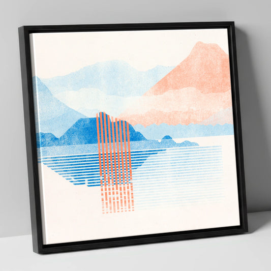 Geometric Derwentwater in Coral and Blue lake district lake canvas wall art in black frame