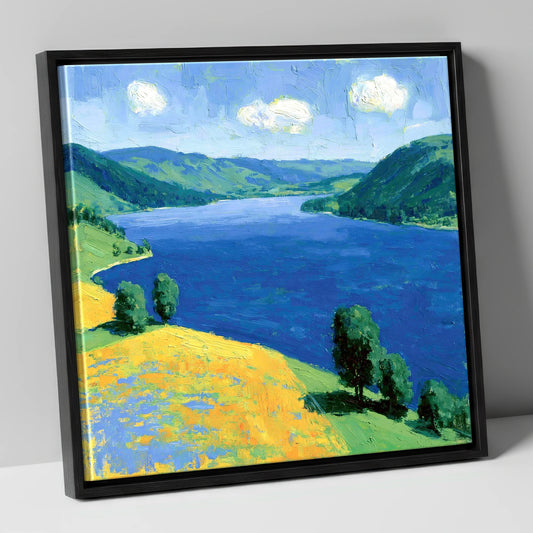 Deep Blue Lake and Sunlit Fells lake district lake canvas wall art in black frame