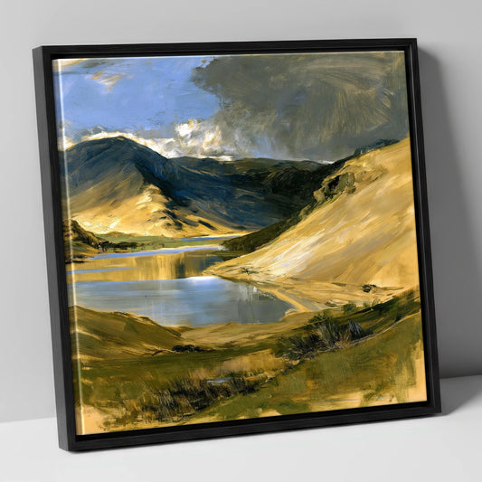 Golden Fells and Mountain Lake lake district lake canvas wall art in black frame