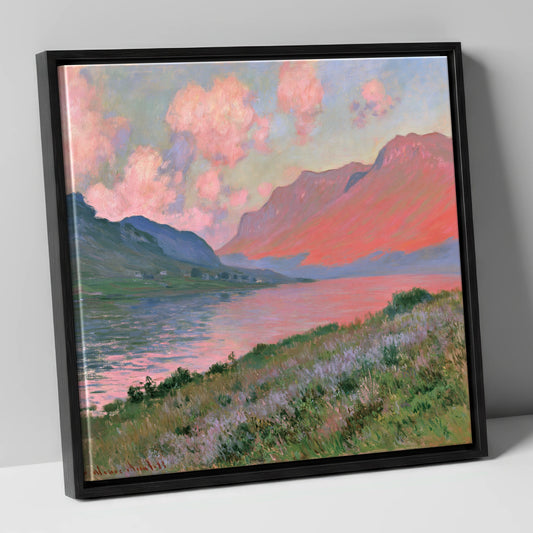 Mountain Lake in Pink Sunset lake district lake canvas wall art in black frame