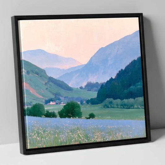 Wildflower Meadow And Blue Fells lake district valley canvas wall art in black frame