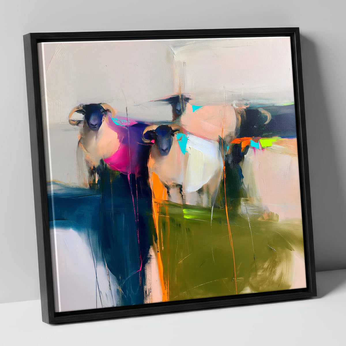 Colourful Abstract Herdwick Sheep lake district wildlife canvas wall art in black frame