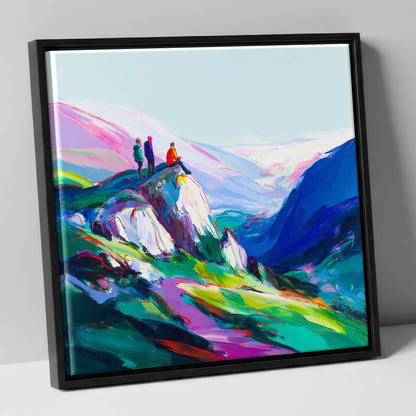 Climbers on a Vibrant Crag lake district walking canvas wall art in black frame
