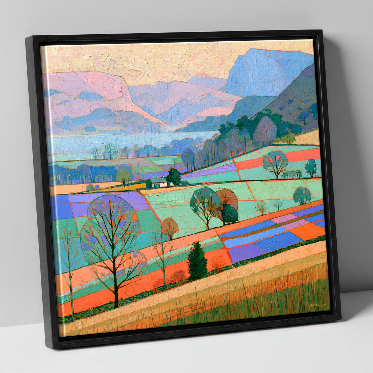 Bright Patchwork Valley Mist lake district sky canvas wall art in black frame
