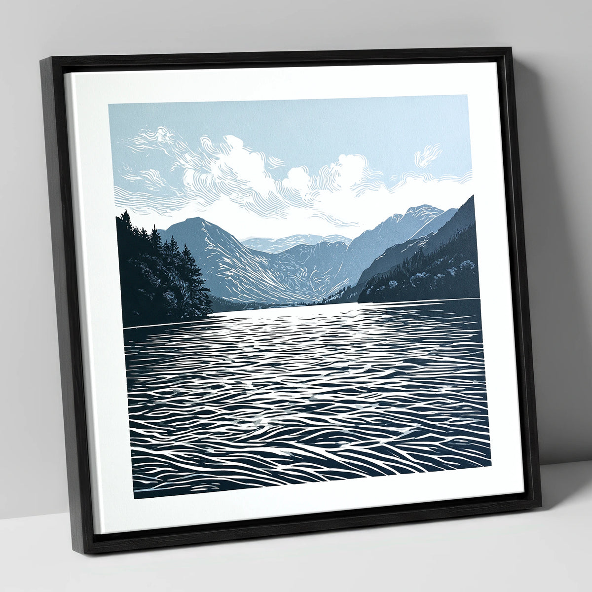 Crummock Water in Deep Navy lake district lake canvas wall art in black frame
