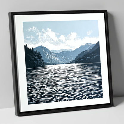 Crummock Water in Deep Navy lake district lake canvas wall art in black frame