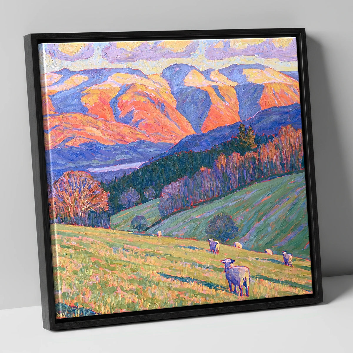 Hawkshead Pastures in Radiant Light lake district village canvas wall art in black frame