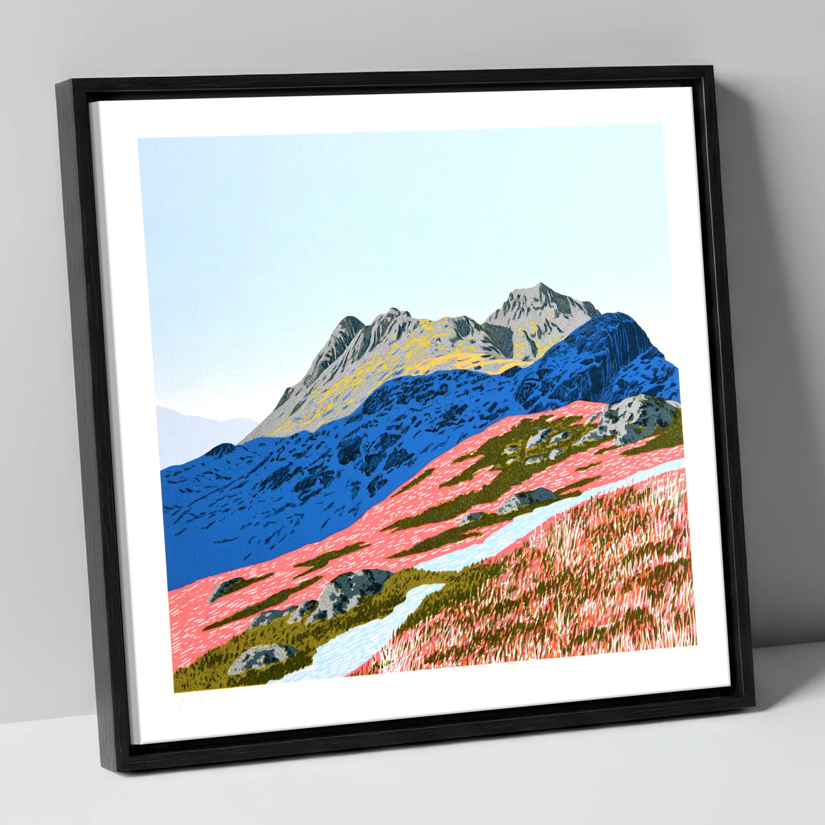 Langdale Pikes in Vivid Coral lake district fell canvas wall art in black frame