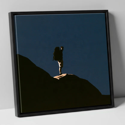 Hiker Silhouette on Dark Fell lake district walking canvas wall art in black frame