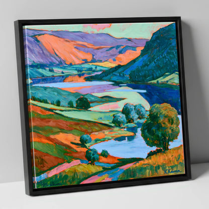Vibrant Fells and Winding Lake lake district lake canvas wall art in black frame