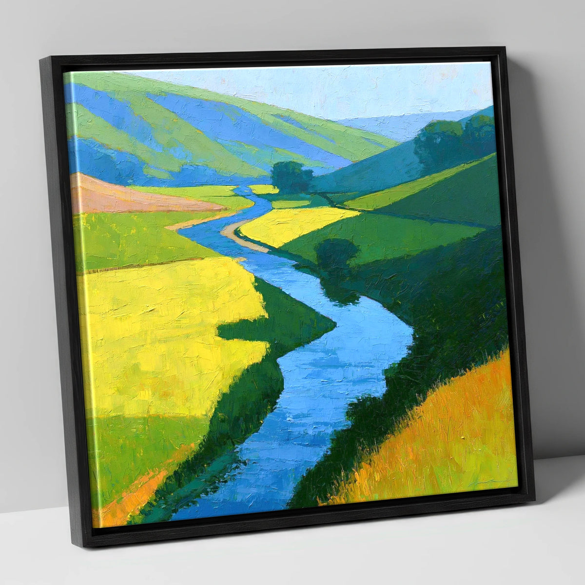Winding Blue Beck through Vibrant Valley Meadows lake district waterfall canvas wall art in black frame
