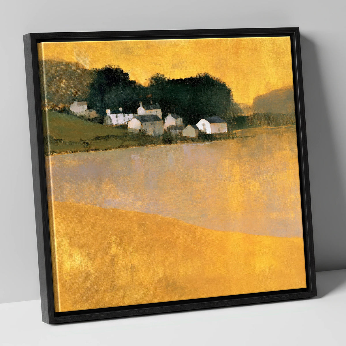 Lakeside Village in Golden Ochre lake district village canvas wall art in black frame