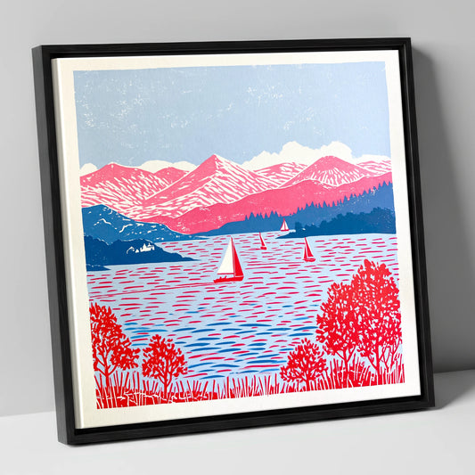 Pink Fells Over Coniston Water lake district lake canvas wall art in black frame