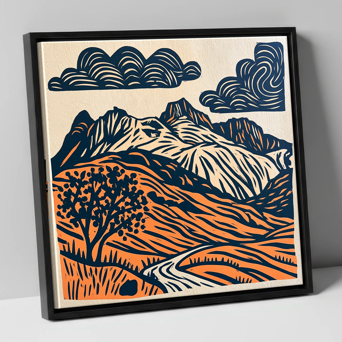 Langdale Pikes in Navy and Orange lake district fell canvas wall art in black frame