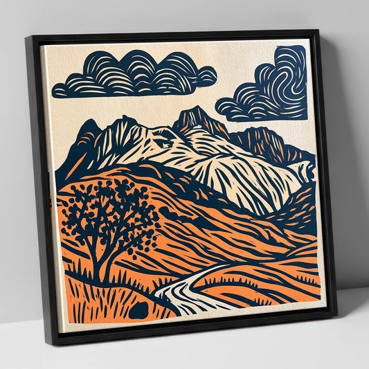 Langdale Pikes in Navy and Orange lake district fell canvas wall art in black frame