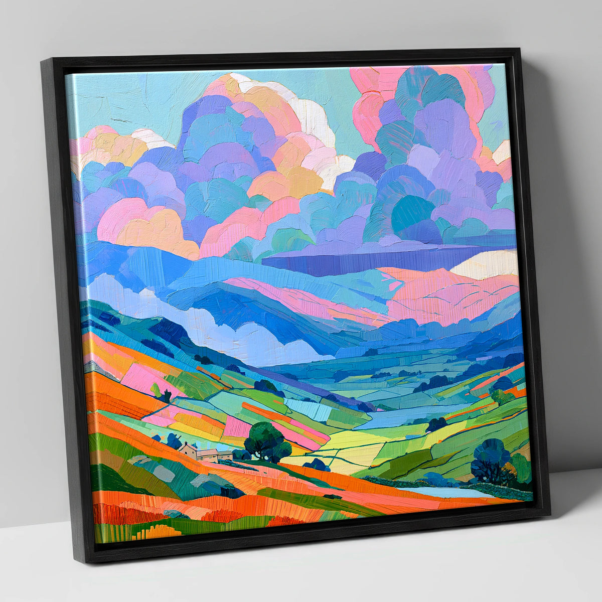Colourful Fells Under Storm Clouds lake district sky canvas wall art in black frame