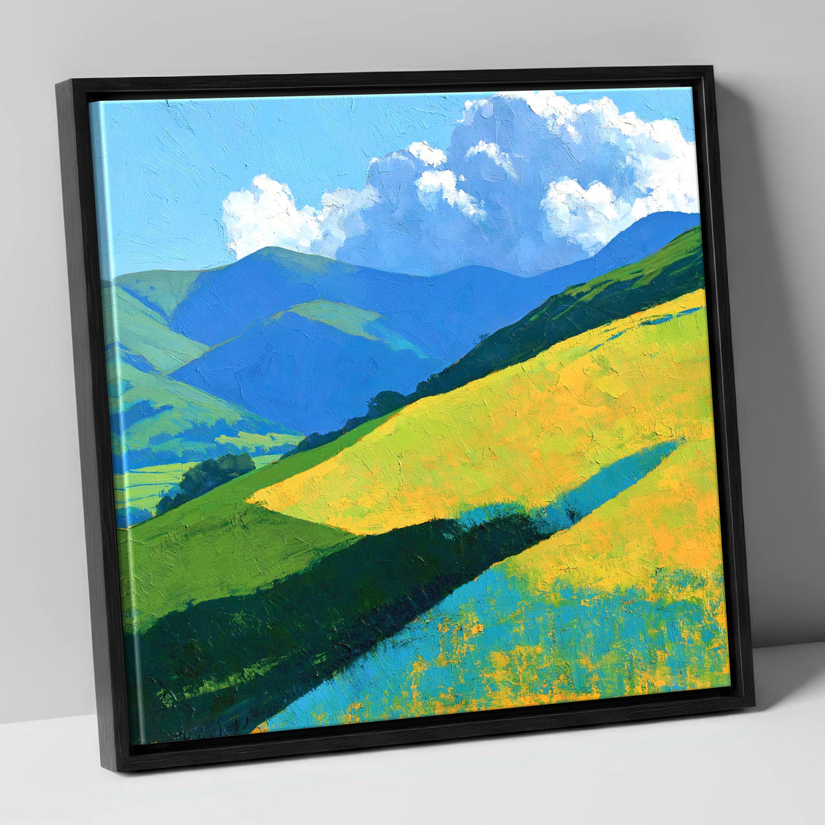 Sunlit Fells in Cerulean and Gold lake district fell canvas wall art in black frame