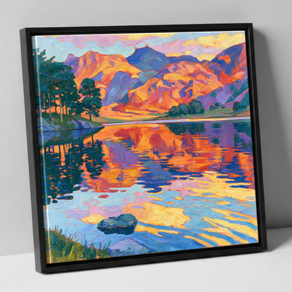 Vibrant Sunset Glow over Mountain Fells lake district lake canvas wall art in black frame