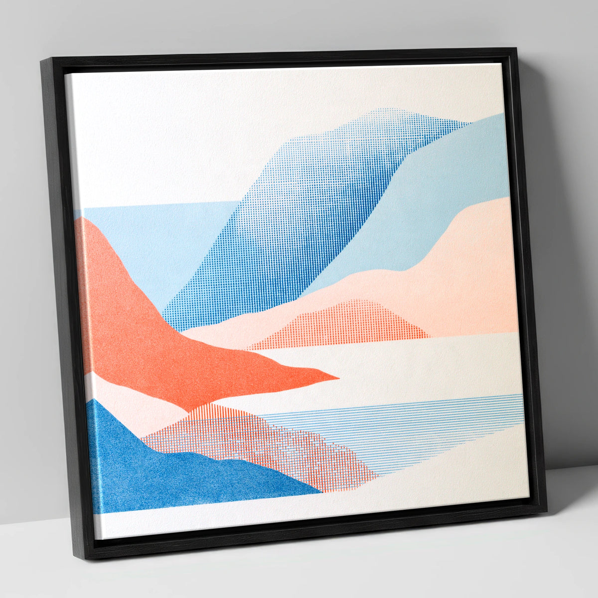 Borrowdale Valley in Coral and Blue lake district valley canvas wall art in black frame