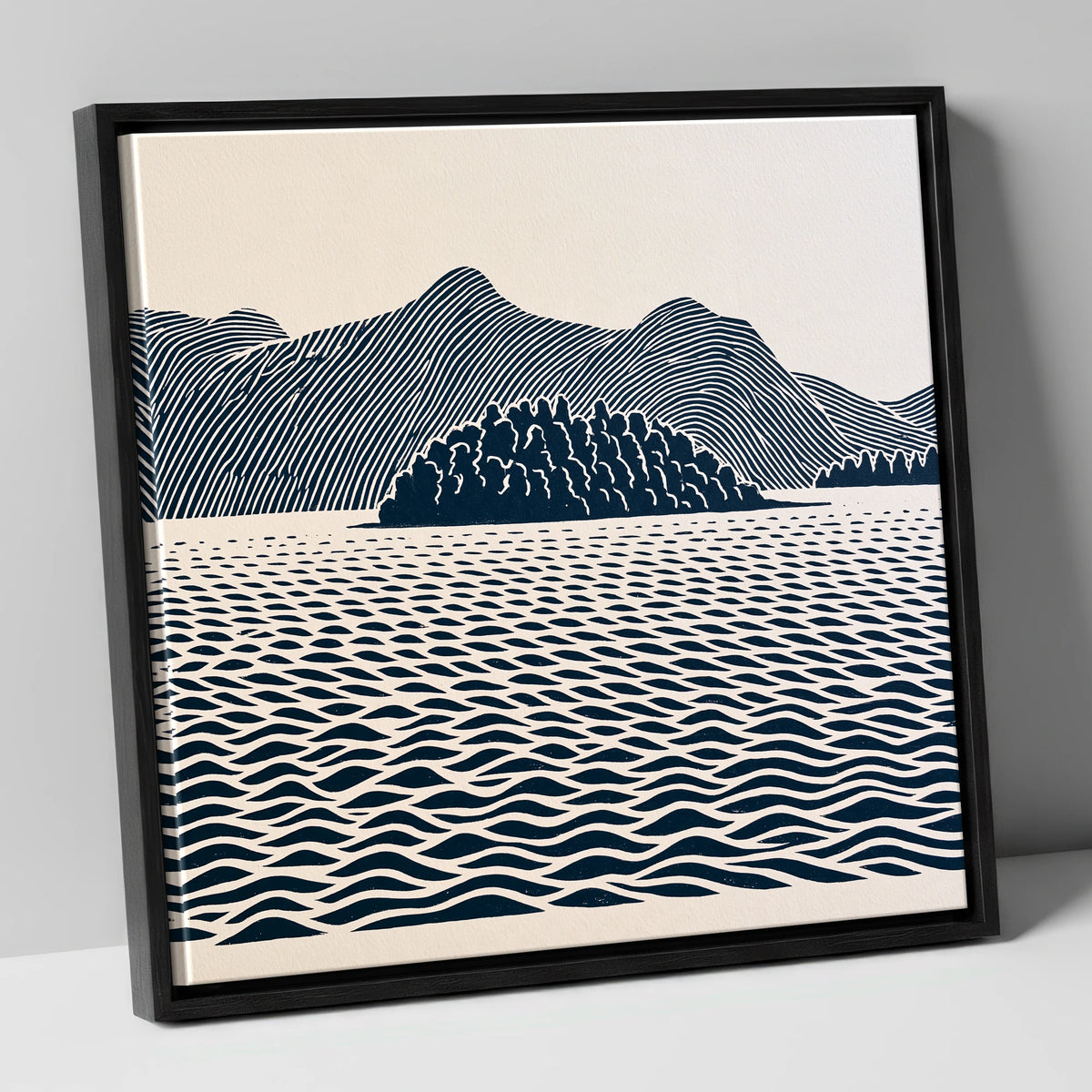 Derwentwater Island in Inky Blue lake district lake canvas wall art in black frame