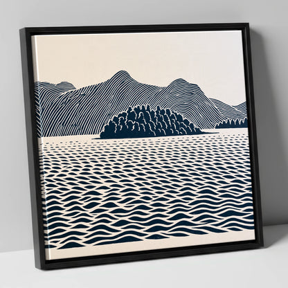 Derwentwater Island in Inky Blue lake district lake canvas wall art in black frame