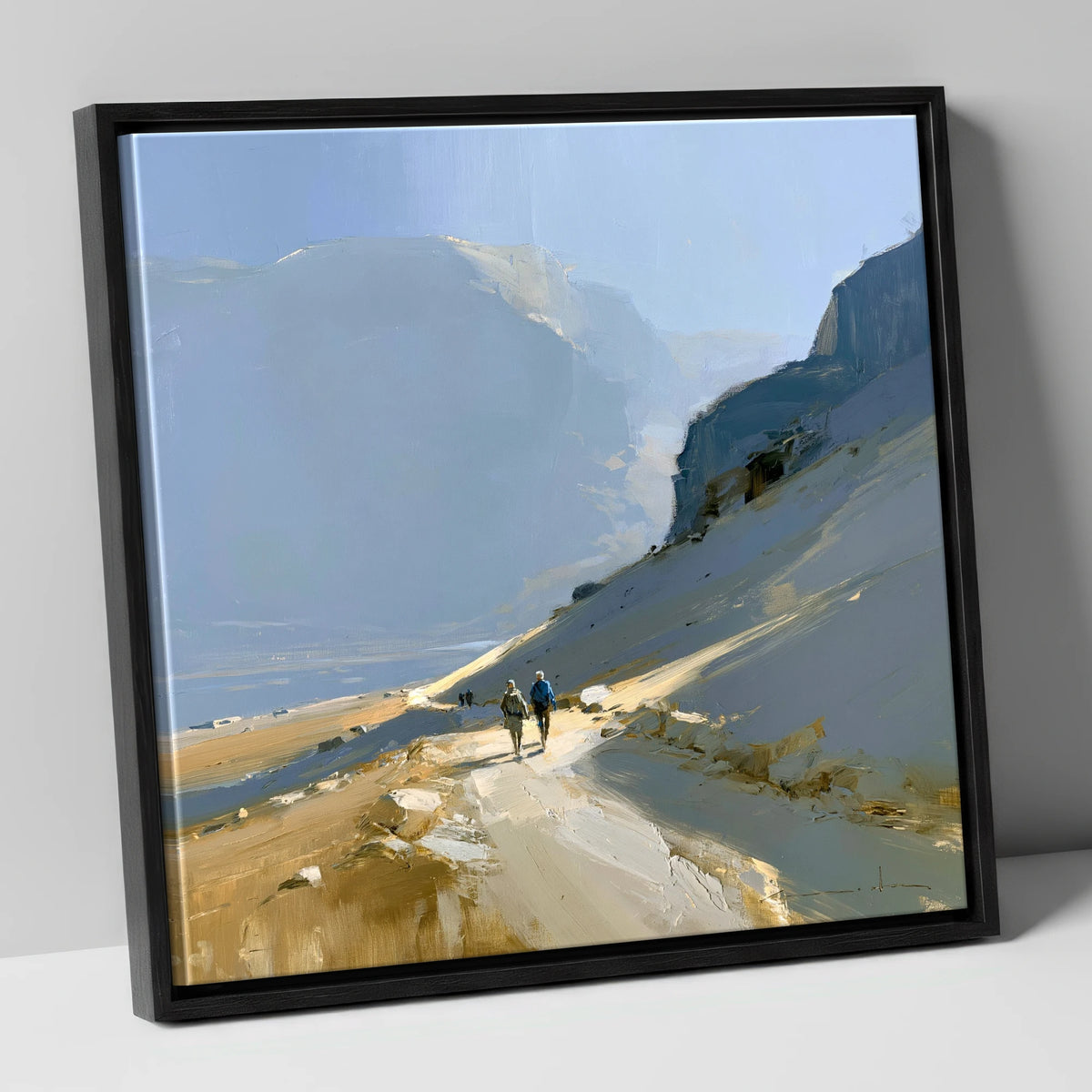 Walkers on a Golden Mountain Path lake district walking canvas wall art in black frame
