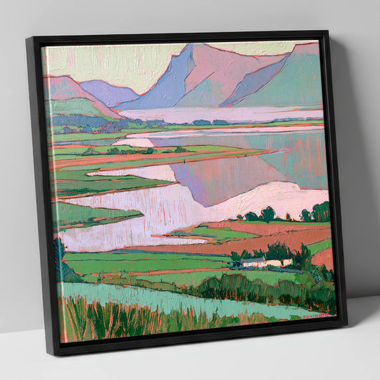 Morning Mist Over Pastel Valley lake district sky canvas wall art in black frame