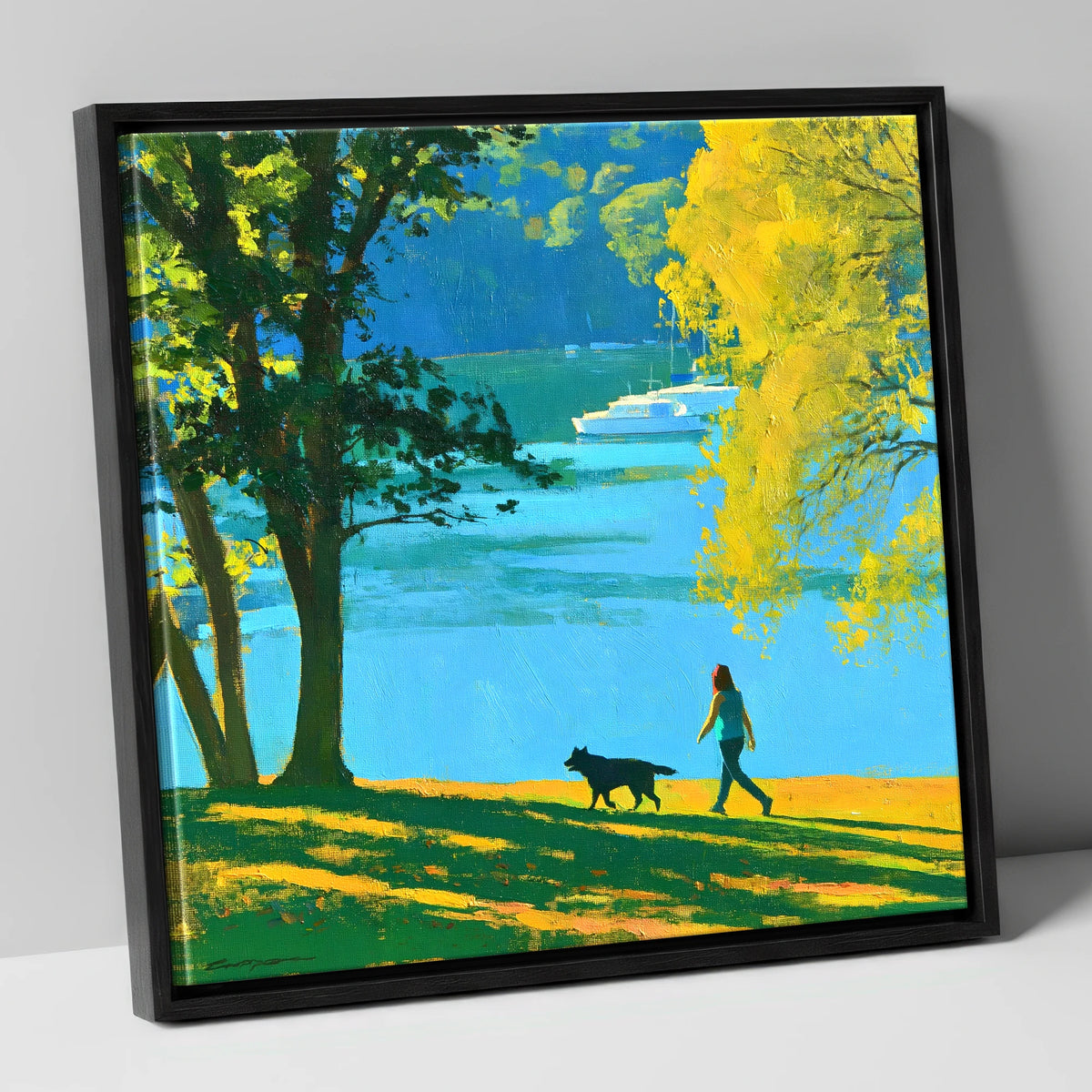 Vibrant Dog Walk at Windermere gifts for dog walkers canvas wall art in black frame