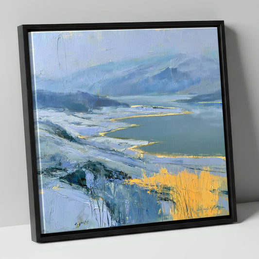 Winter Lake with Golden Reeds lake district lake canvas wall art in black frame
