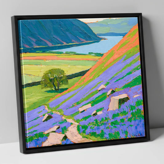 Vibrant Bluebell Hillside at Rannerdale lake district lake canvas wall art in black frame