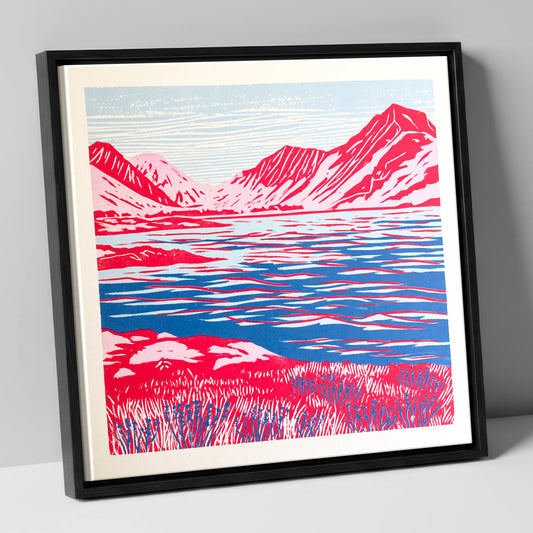 Vivid Red Ennerdale Fells lake district valley canvas wall art in black frame