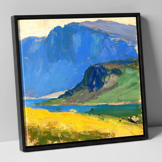 Golden Field Beneath Blue Fells lake district lake canvas wall art in black frame
