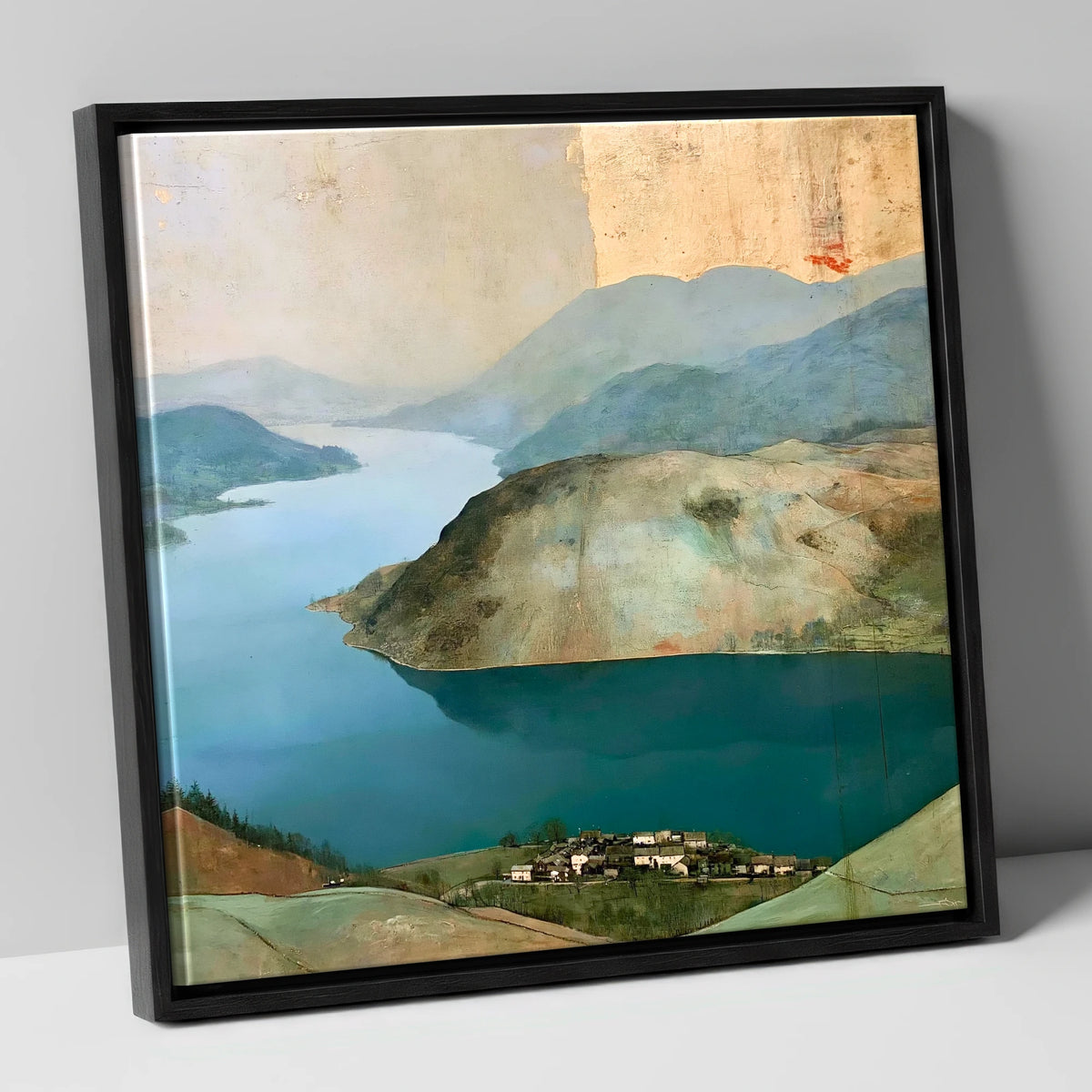 Glenridding Under A Golden Sky lake district village canvas wall art in black frame