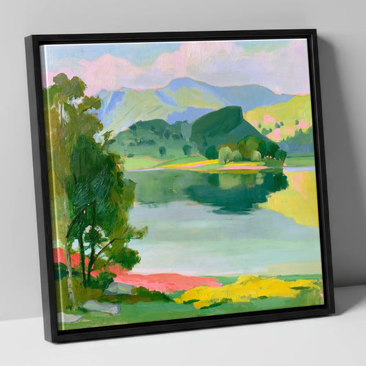 Colourful Fells and Teal Lake lake district lake canvas wall art in black frame