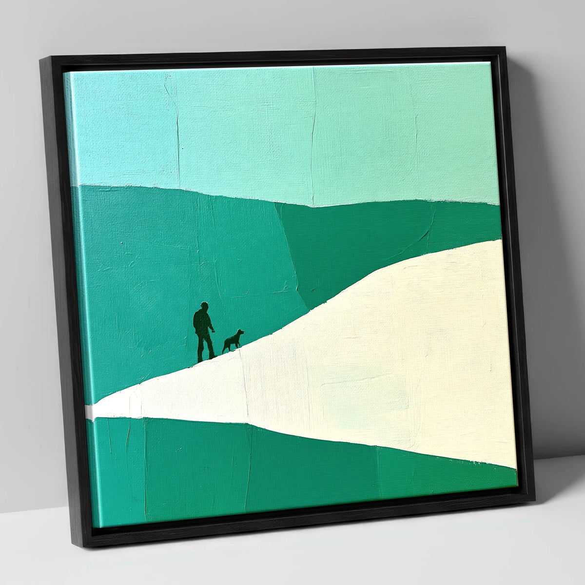 Teal and White Fell Walker gifts for dog walkers canvas wall art in black frame