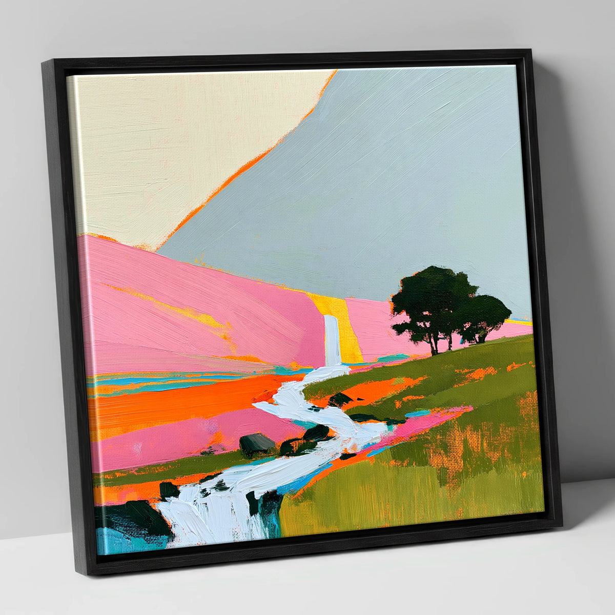 Bright Pink Fellside Beck lake district waterfall canvas wall art in black frame