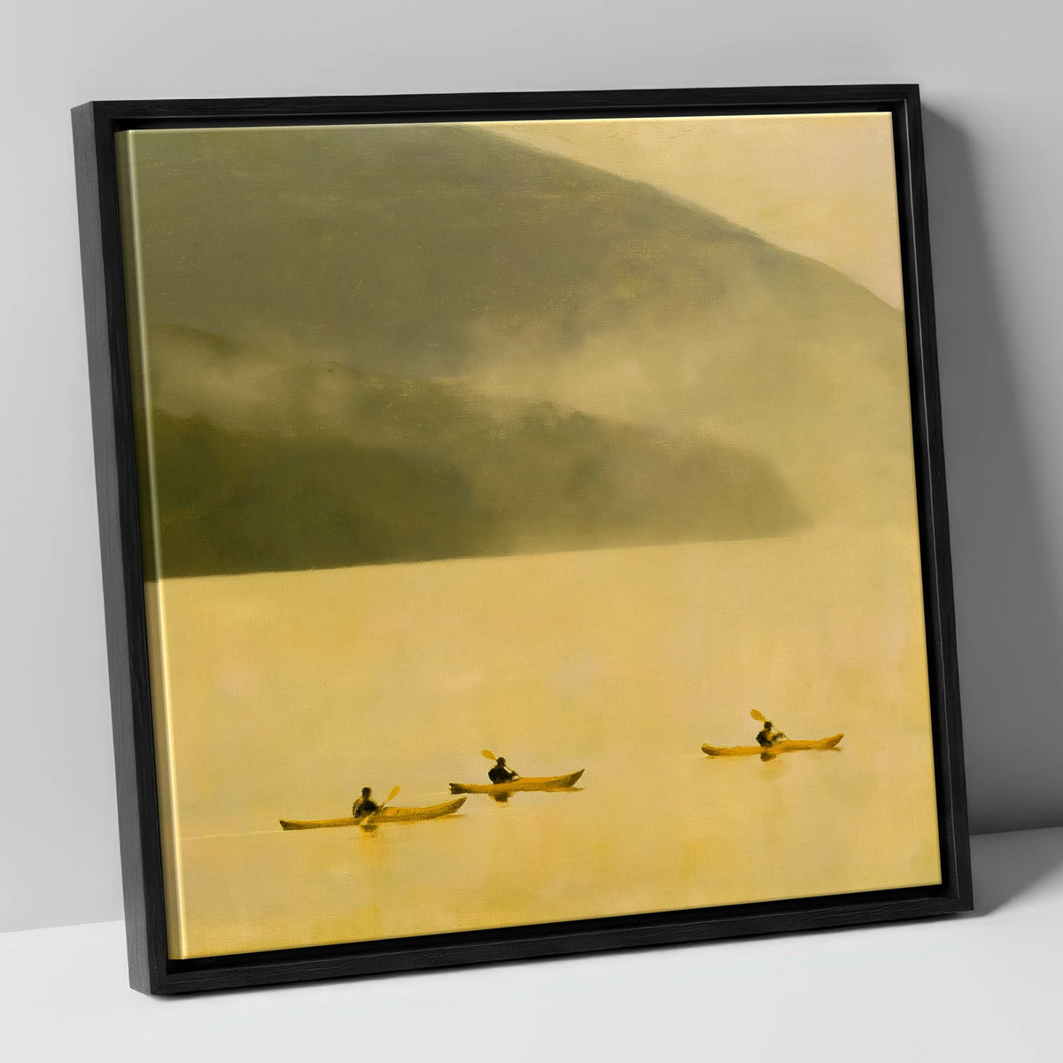 Lake Kayaking in Golden Mist lake district walking canvas wall art in black frame