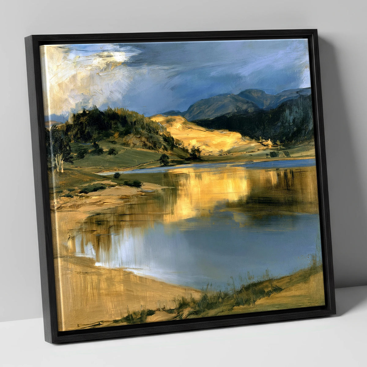 Lake Reflections in Golden Light lake district lake canvas wall art in black frame
