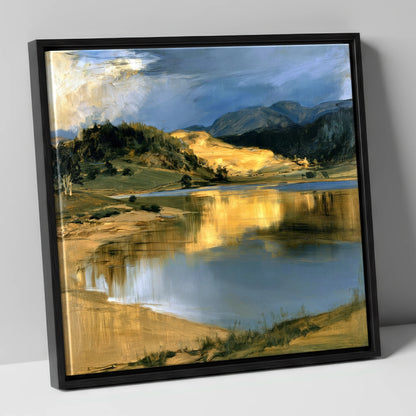 Lake Reflections in Golden Light lake district lake canvas wall art in black frame
