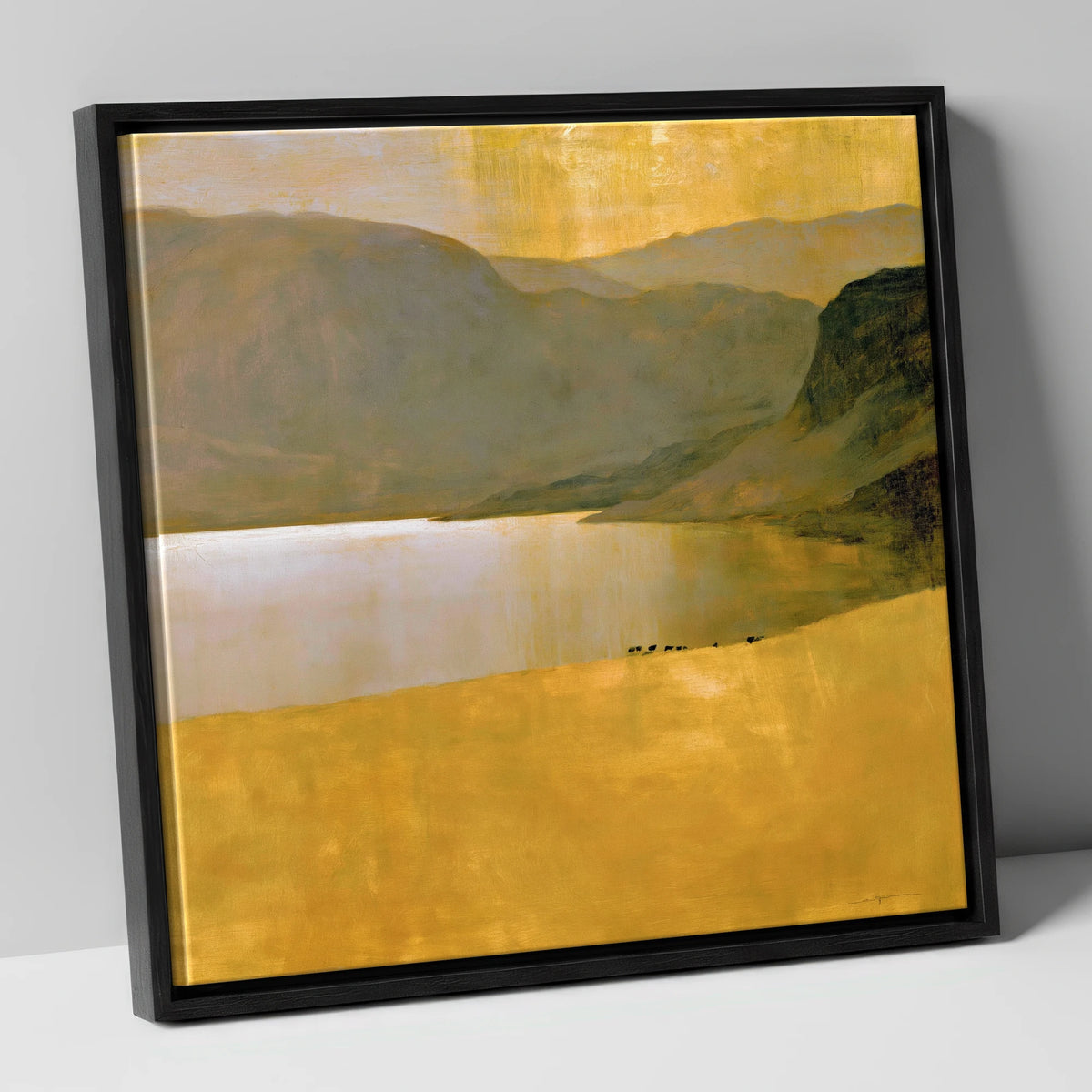 Golden Lake Beneath Dark Fells lake district lake canvas wall art in black frame