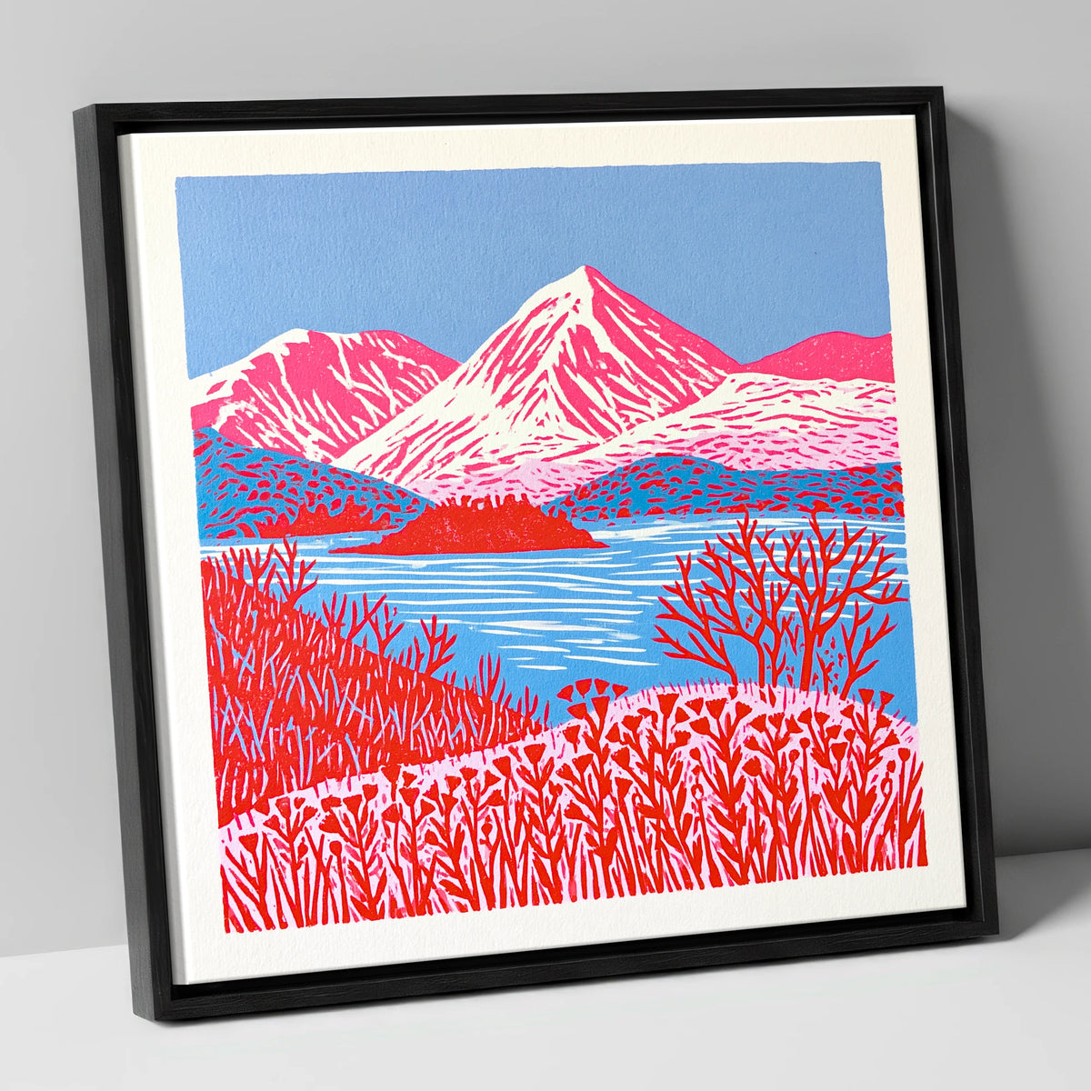Vibrant Red Catbells Landscape lake district fell canvas wall art in black frame
