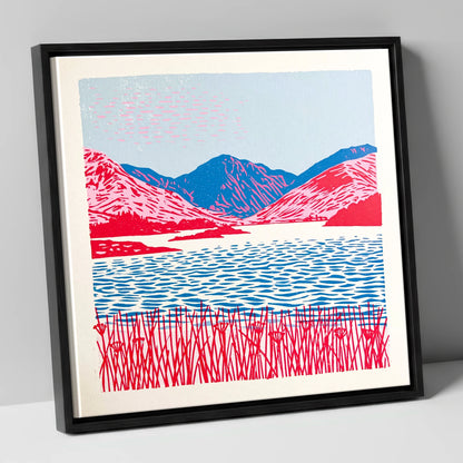 Vibrant Pink Fells and Lake lake district lake canvas wall art in black frame