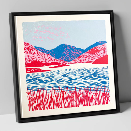 Vibrant Pink Fells and Lake lake district lake canvas wall art in black frame